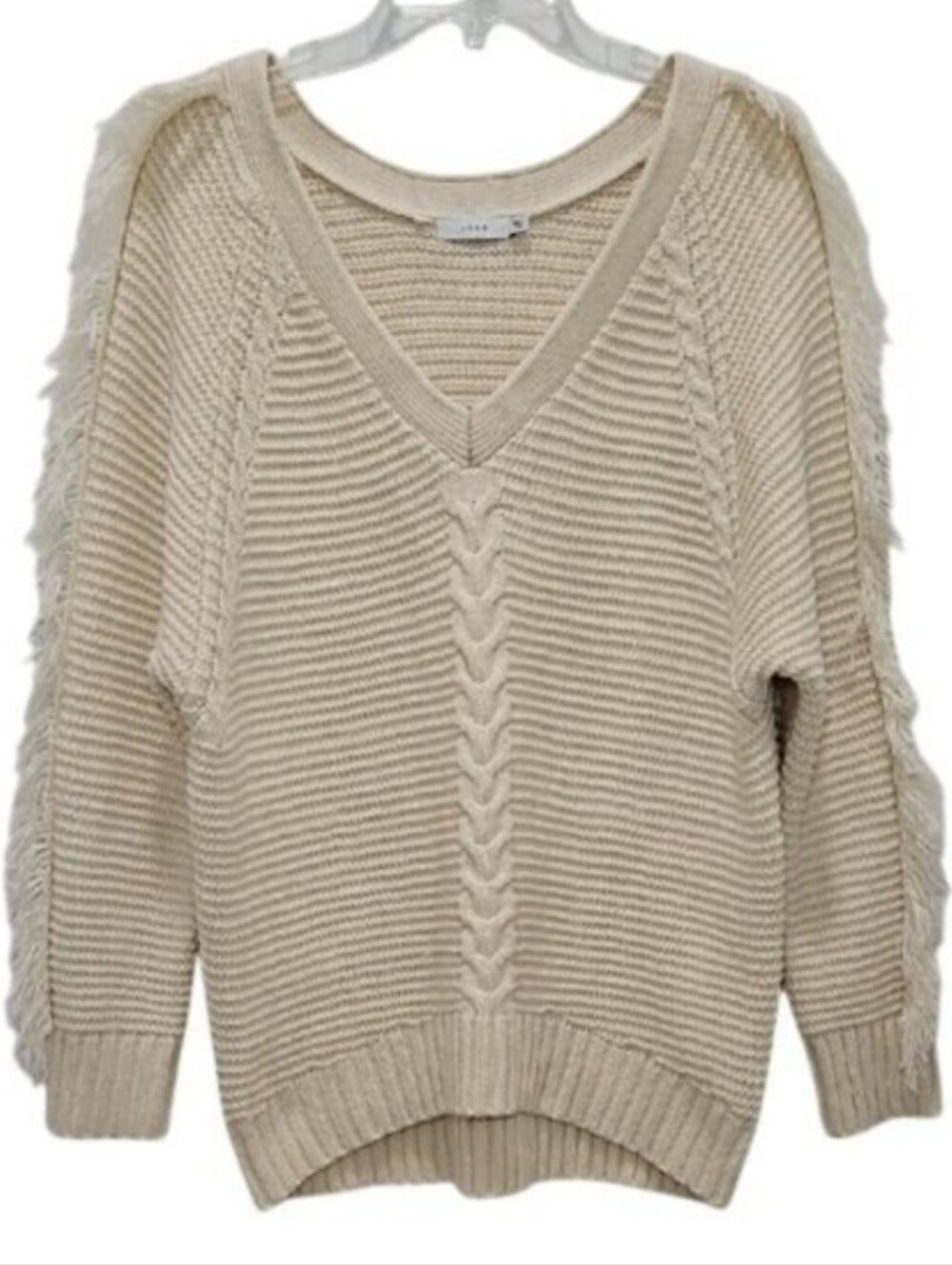 Lush V-Neck Chunky Knit Sweater Fringe Size Small Neutral Cable Knit Ribbed